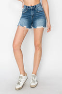 RISEN high rise raw hem distressed denim shorts – edgy casual summer wear – MYN2O