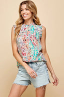 Lime N Chili Plus Size Graphic Print Ruffle Trim Mock Neck Sleeveless Top – MYN2O