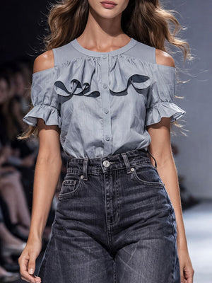 Women's Gray Ruffled-edge Short-sleeve Shirt
