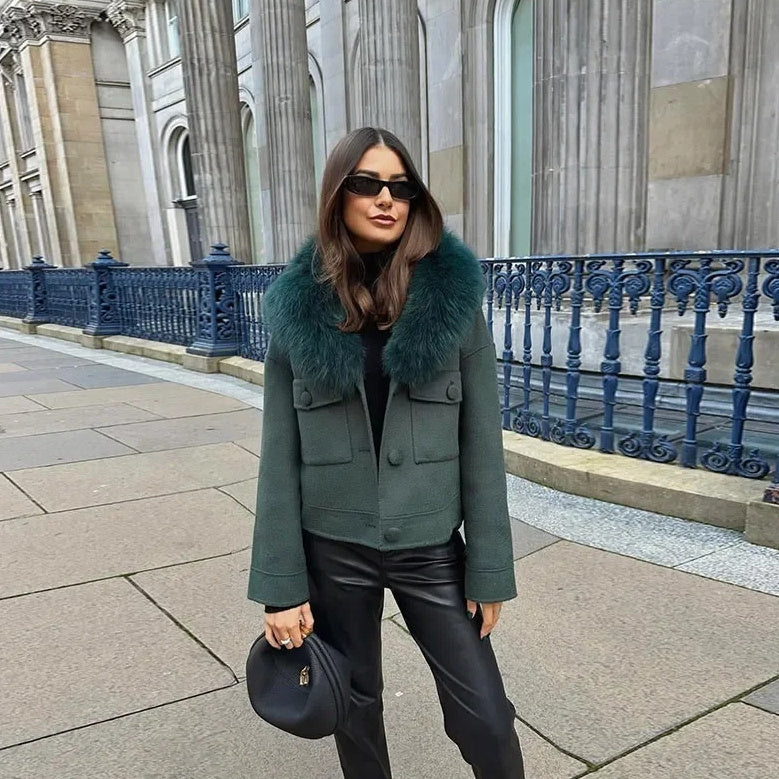 Elegant Single-Breasted Vintage Fur-Trimmed Flight Jacket For Women