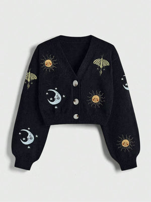 New Women's Embroidery Button Knitted Cardigan Sweater With Sun And Moon Pattern Lantern Sleeves V-neck Cardigan Top