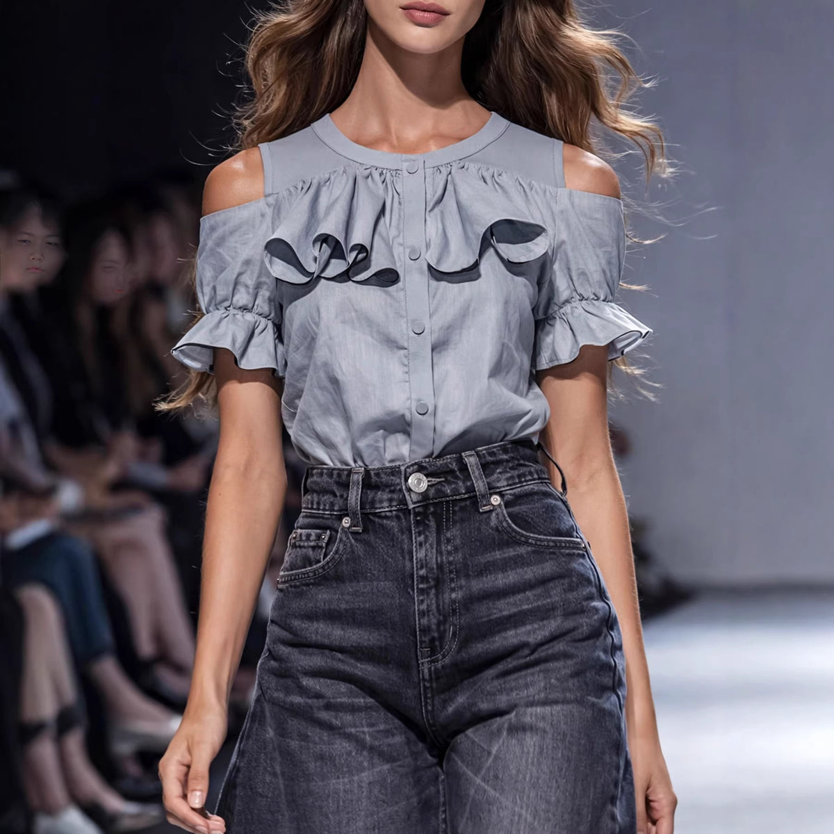 Women's Gray Ruffled-edge Short-sleeve Shirt