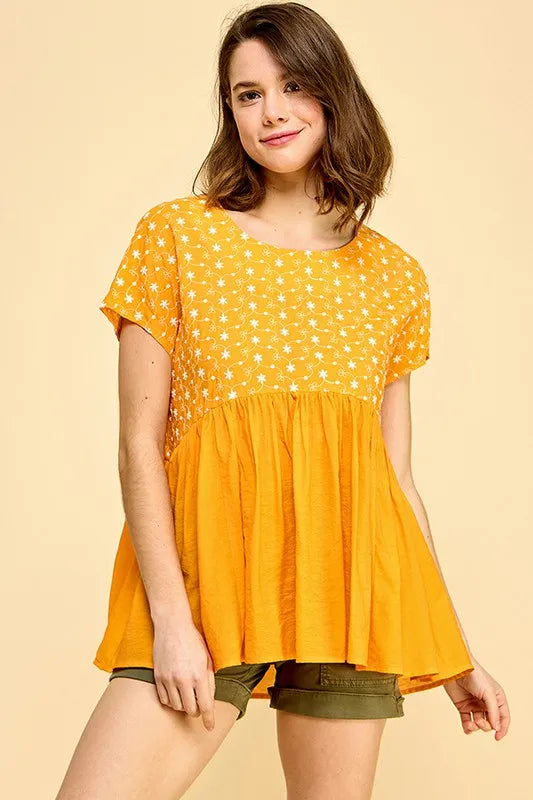 LIME N CHILI Embroidered Short Sleeve Pleated Babydoll Top – MYN2O

