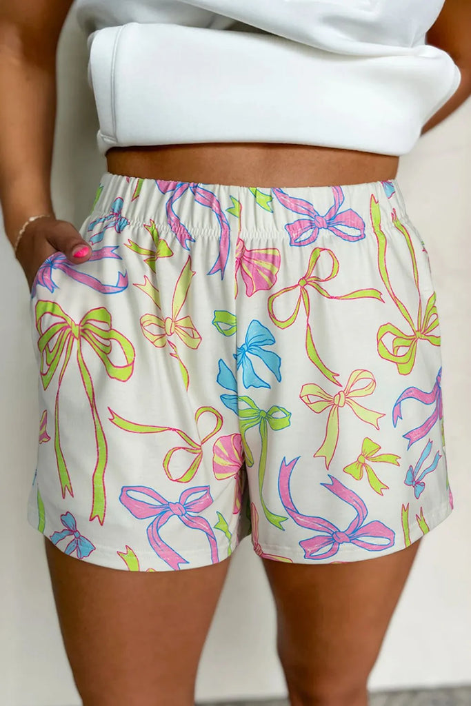 Cheerful bow print elastic pull-on casual shorts – playful summer comfort – MYN2O

