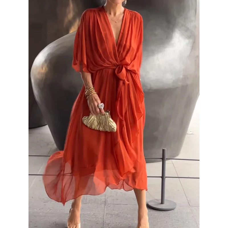 Women's Batwing Sleeve V-Neck Dress – Flowy Summer Fashion