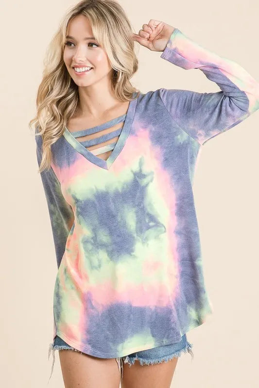 BIBI Tie-Dye French Terry V-Neck Top with Strapped Detail – MYN2O