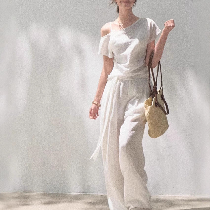 Linen Off-shoulder Short-sleeve Shirt Casual Set