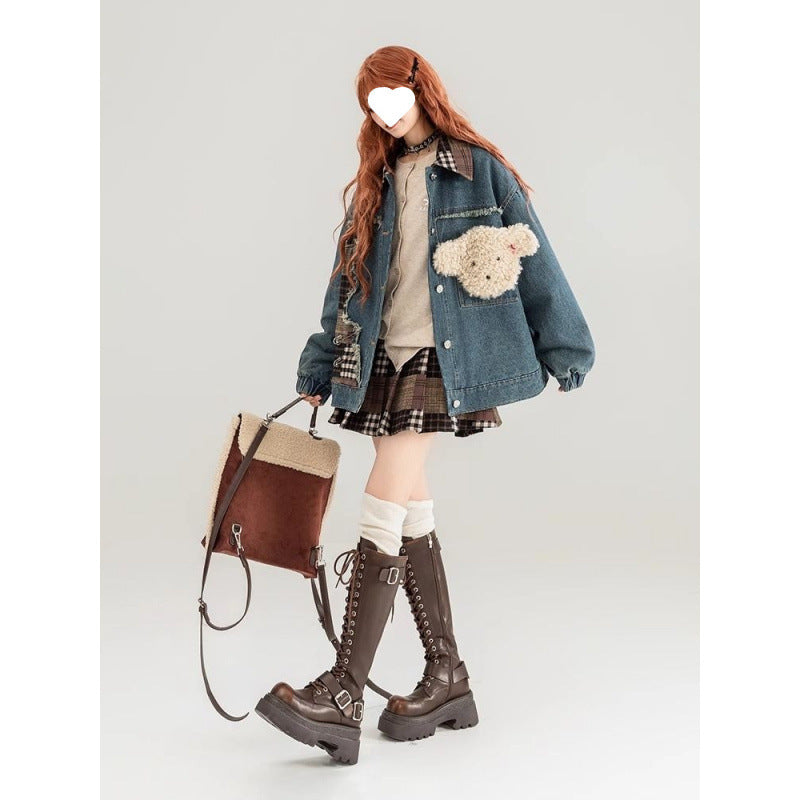 Patch Color Block Denim Coat Women's Clothing American Retro