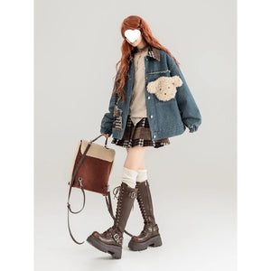 Women's Color Block Denim Coat – Loose Fit Cotton