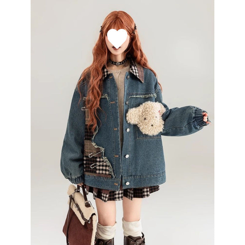 Patch Color Block Denim Coat Women's Clothing American Retro