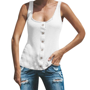 Women's U-neck Solid Color Sleeveless Breasted Vest T-shirt Top