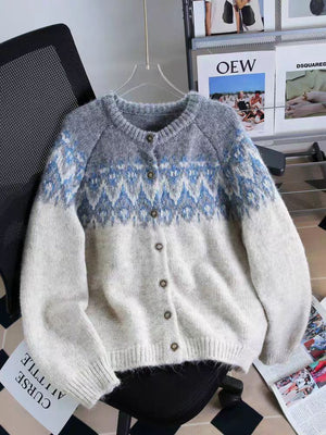 Contrast Color Jacquard Thickened Sweater Coat Women