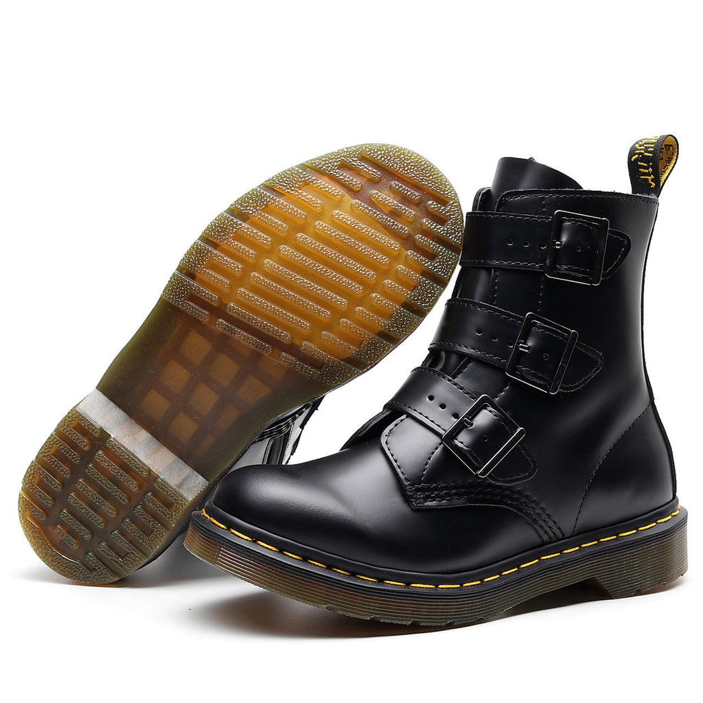 Martin Boots Men's High-top Women's Boots Leather Motorcycle Three Buckle Straps New