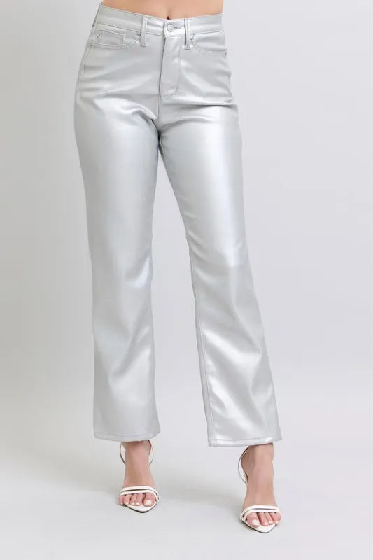 Judy Blue plus-size high waist silver faux leather pants – metallic statement style – MYN2O