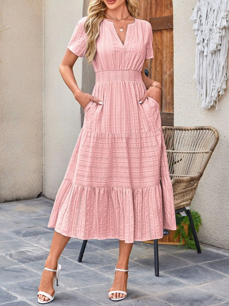 Tiered Notched Neck Short Sleeve Casual Dress – MYN2O