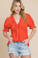 LIME N CHILI Solid Ruffled Deep V-Neck Puff Sleeve Babydoll Top – MYN2O

