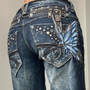 Butterfly-embroidered Low-rise Jeans Womens Y2K Vintage Style