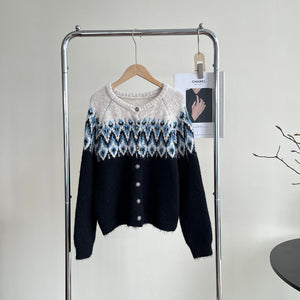 Contrast Color Jacquard Thickened Sweater Coat Women