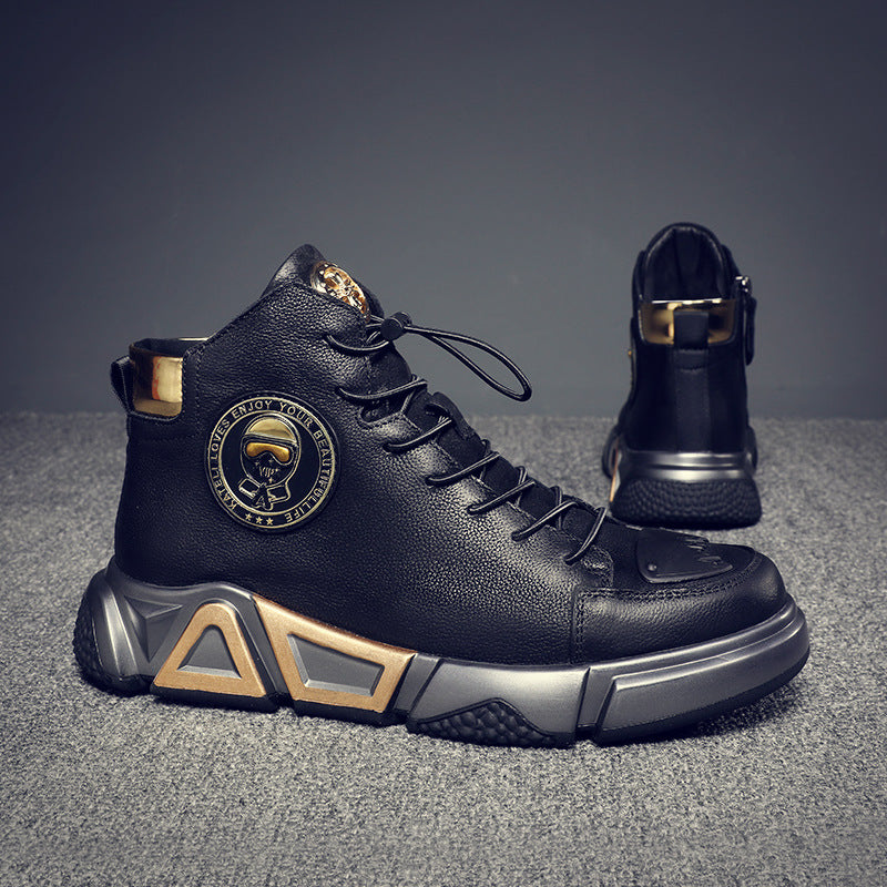 Men’s Cowhide High-Top Casual Leather Shoes with Black Cotton Lining | MYN2O

