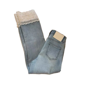 Women's Fashionable Retro Lace Straight-Leg Denim Jeans