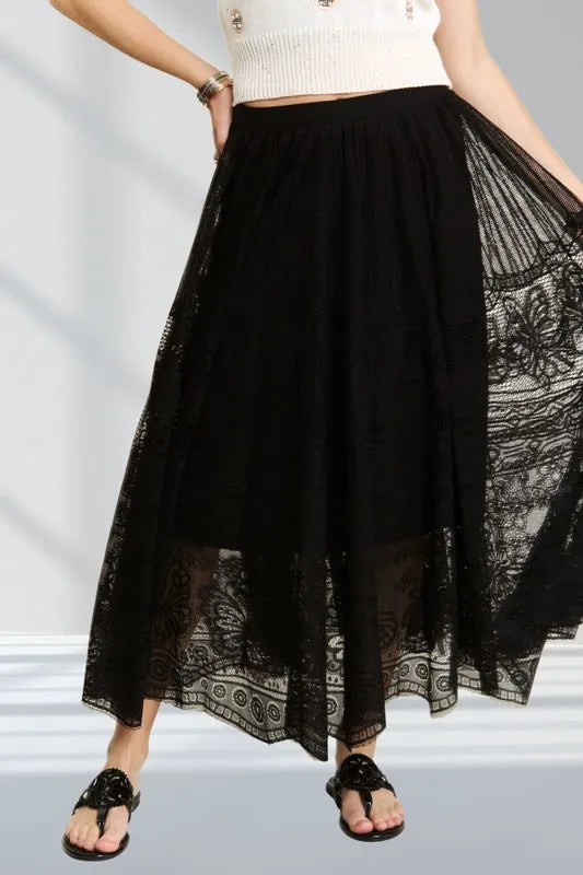 Adora Elastic Waist Raw Hem Lace Maxi Skirt – MYN2O