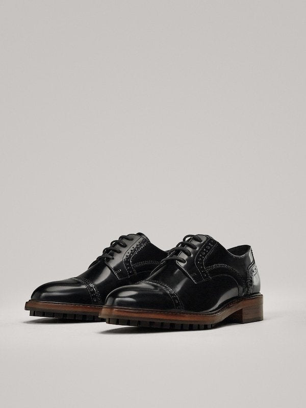 British Mid-heel Vintage Brogue Leather Platform Embossed Lace-up Shoes