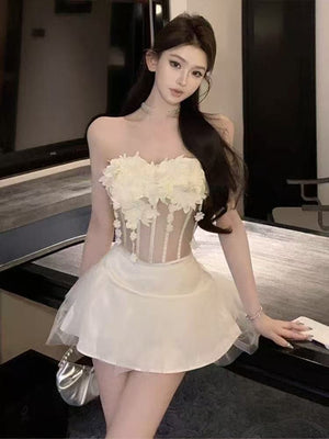 Sexy Chic Fishbone Mesh Sheer Layered 3D Flower Tube Top Camisole With Padded Bra Lace Top