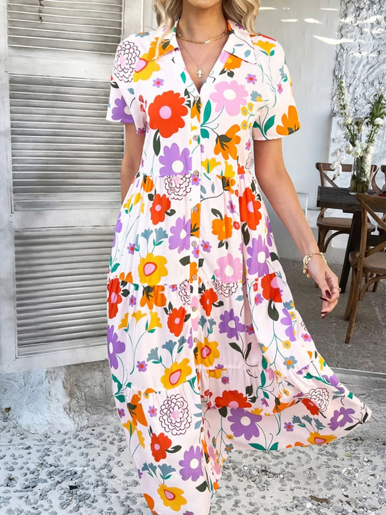 Devine Printed Johnny Collar Button Down Short Sleeve Midi Shirt Dress – MYN2O