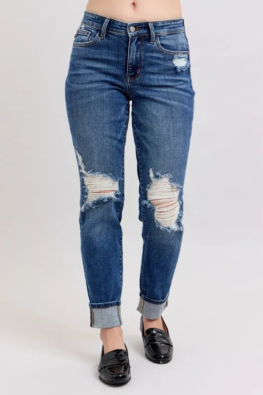 Judy Blue plus-size mid-rise boyfriend destroy jeans with yoke pockets and faux selvedge cuff – MYN2O