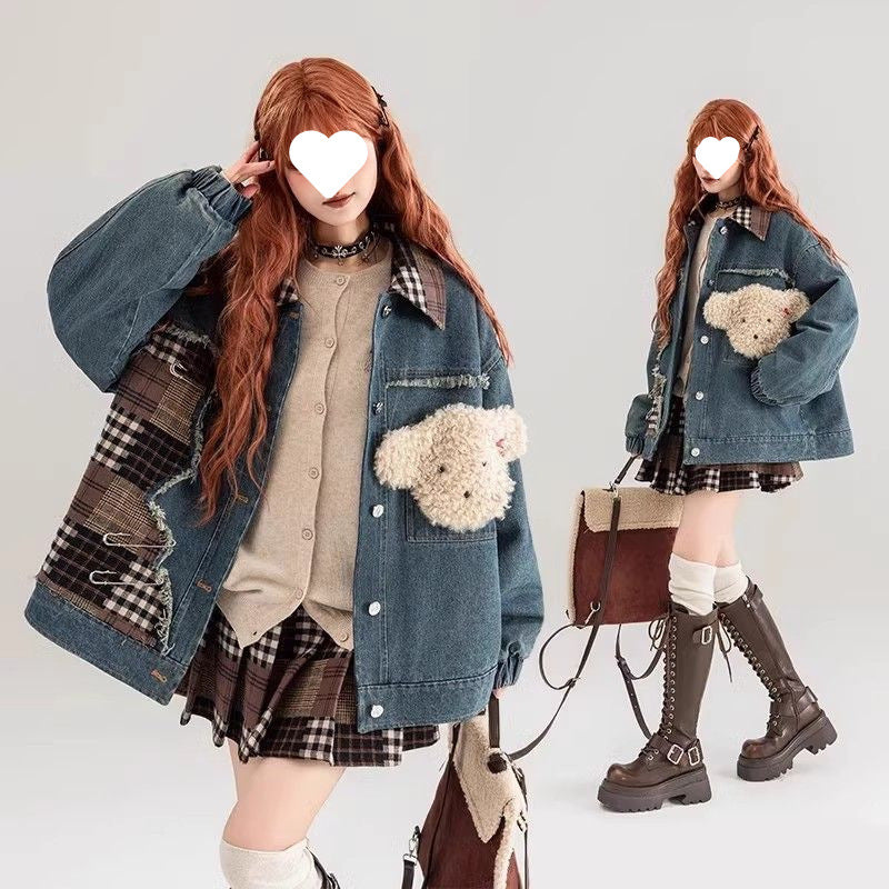 Patch Color Block Denim Coat Women's Clothing American Retro