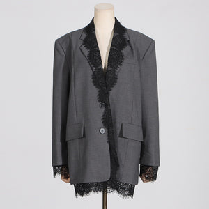 Lace-Panel Design Statement Long-Sleeve Structured Blazer For Women