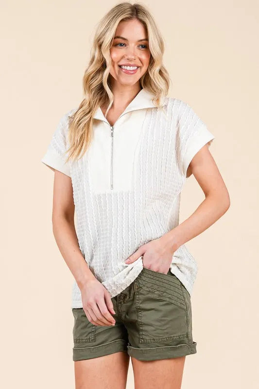 Lime N Chili Textured Half Zip Cap Sleeve Contrast Top – MYN2O

