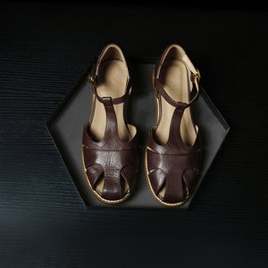 Women's Premium Full Grain Leather T-Strap Fisherman Sandals, Closed-Toe Flat Shoes