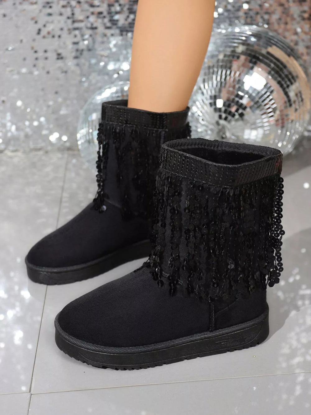 Sequin Fringe Suede Winter Boots
