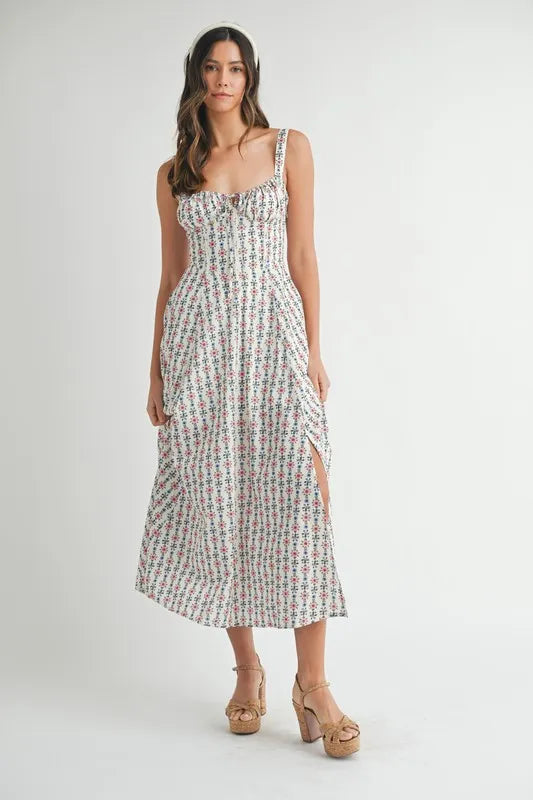 Mable Floral Print Bustier Back Lace-Up Midi Dress – MYN2O