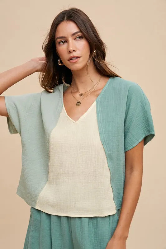 ANNIE WEAR Color Block Cotton Gauze V-Neck Top – MYN2O

