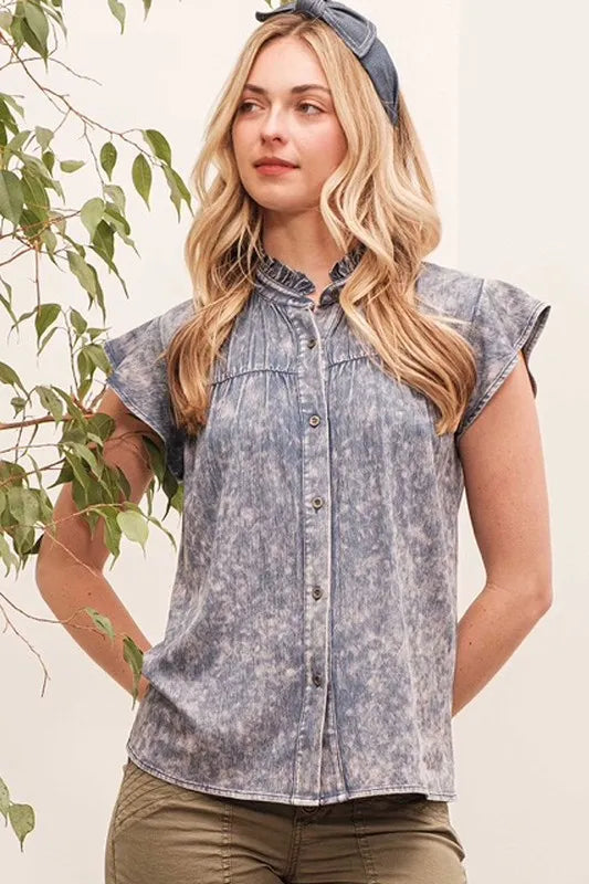 Lime N Chili Mineral Wash Flutter Sleeve Button Down Shirt – MYN2O

