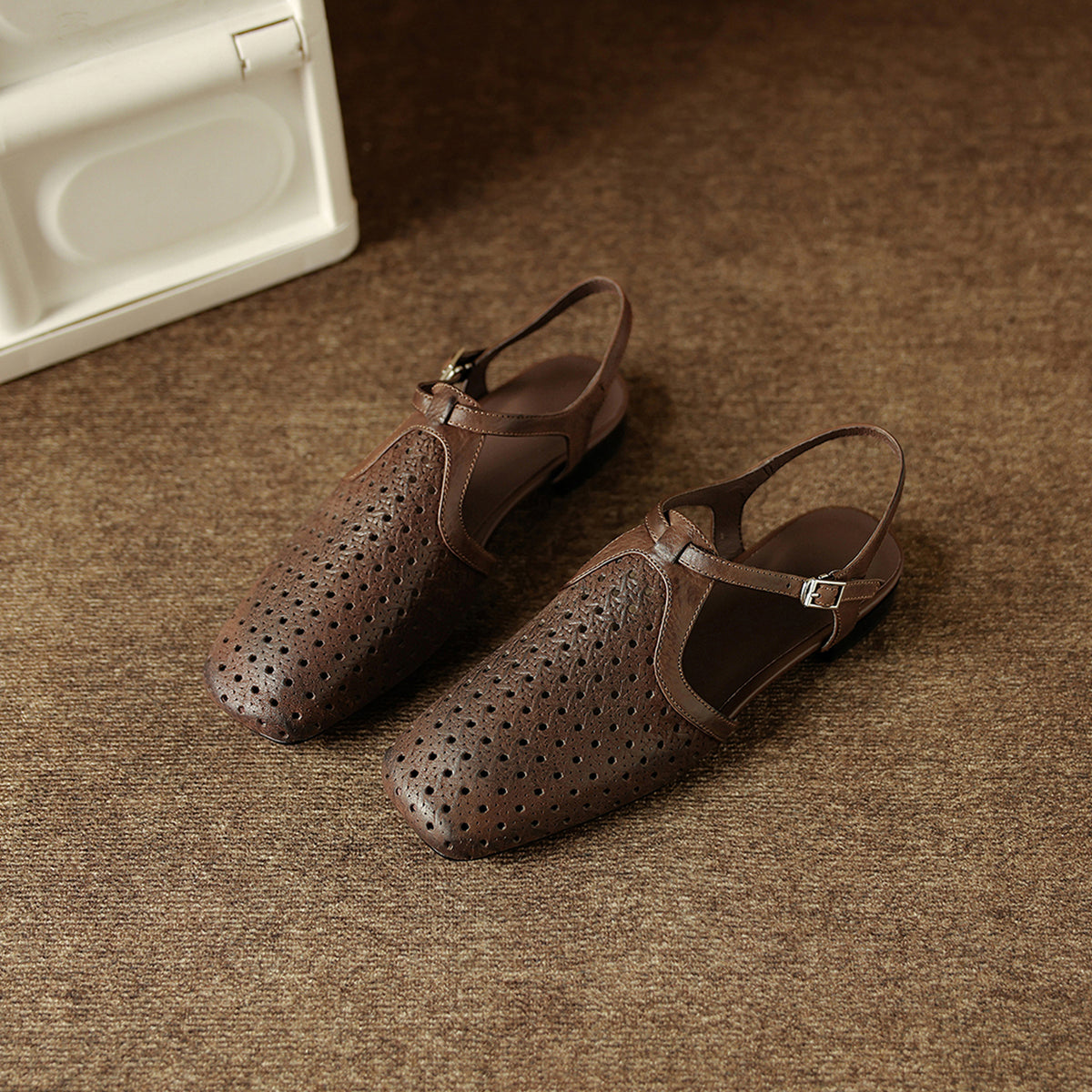 Women's Washed Full Grain Leather Slingback Sandals, Perforated T-Strap Closed-Toe Flat Shoes