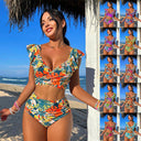 Women's two-piece swimsuit, ruffled halter bikini, summer beachwear