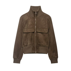 Retro Workwear Chic Comfortable Casual Stand-collar Zip-up Slim-fit Jacket With Pockets