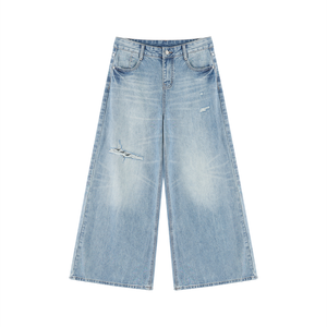 Women's Vintage Wash Distressed Wide Leg Jeans – High-Rise Relaxed Fit Denim