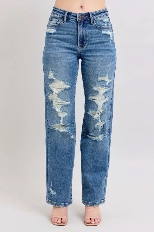 Judy Blue plus-size high waist heavy destroy straight jeans with bold distressing – MYN2O