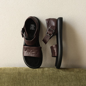 Women's Washed Full Grain Leather Platform Sandals, Two Strap Buckle Flat Shoes