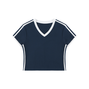 Women's Retro Binding V-Neck Crop T-Shirt – Slim Fit Vintage Crop Top