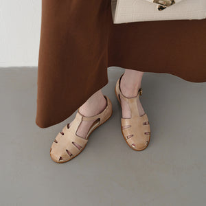 Retro Roman Closed Toe Leather Sandals, Premium Full Grain T-Strap Flats