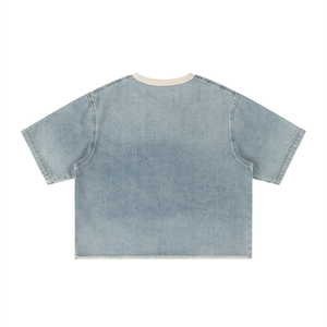 Unisex Vintage Wash Raw Hem Denim T-Shirt – Oversized Boxy Streetwear Denim Tee