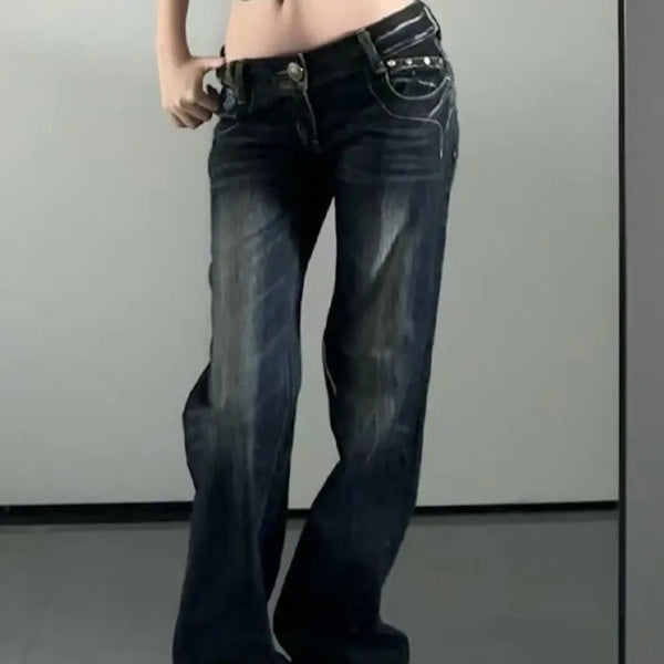 Butterfly-embroidered Low-rise Jeans Womens Y2K Vintage Style