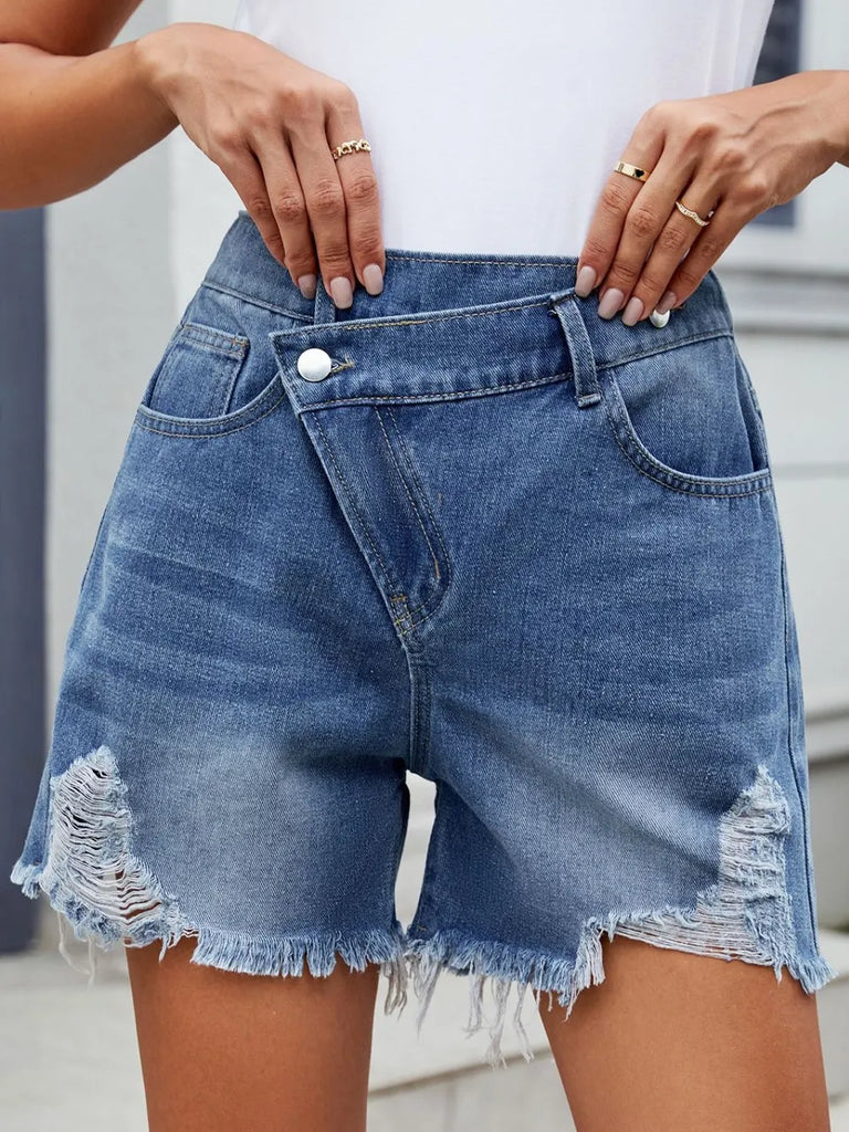 Distressed raw hem asymmetrical waist denim shorts – edgy summer fashion – MYN2O