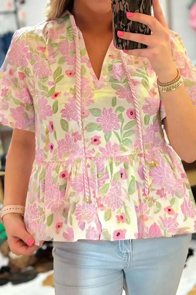 Printed Tie Neck Short Sleeve Blouse – MYN2O