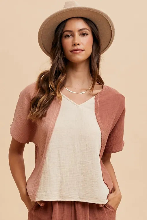 Annie Wear color block cotton gauze V-neck top – lightweight casual summerwear – MYN
